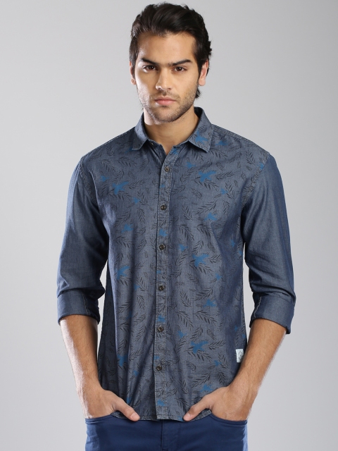 

Breakbounce Navy Printed Denim Slim Casual Shirt, Navy blue