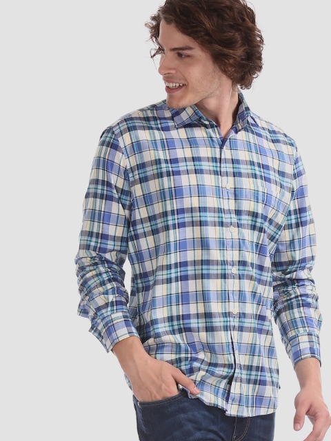 

AD By Arvind Men Off-White & Blue Slim Fit Checked Casual Shirt