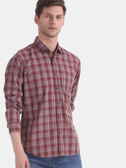 

AD By Arvind Men Rust Red & Grey Modern Slim Fit Twill Weave Checked Casual Shirt
