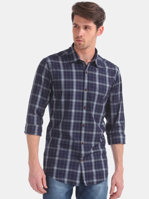 

AD By Arvind Men Navy Blue & Grey Modern Slim Fit Knitted Checked Casual Shirt