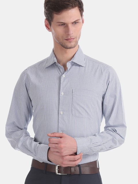 

AD By Arvind Men White & Navy Blue Regular Fit Micro Checks Formal Shirt