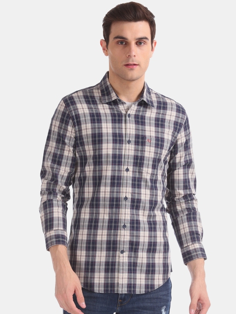 

AD By Arvind Men Navy Blue & Off-White Modern Slim Fit Checked Tartan Check Casual Shirt