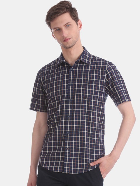 

AD By Arvind Men Navy Blue & Beige Slim Fit Checked Casual Shirt