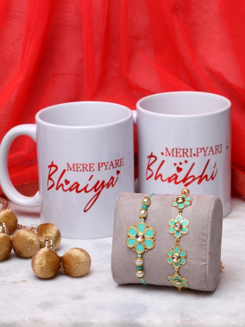 

PANASH Men Gold-Plated & Turquoise Blue Brass Handcrafted Bhaiya & Bhabhi Rakhi Gift Set