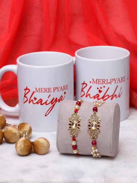 

PANASH Men Gold-Plated & Maroon Brass Handcrafted Bhaiya & Bhabhi Rakhi Gift Set