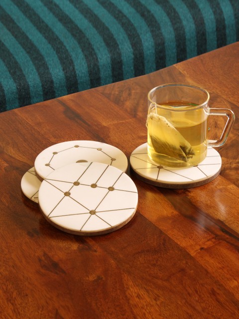 

RangRoots Set Of 4 White & Brown Engineered Wood Brass Inlay Coasters