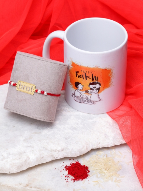 

PANASH Men Gold-Toned BRO Rakhi With Happy Rakhi Mug & Roli Chawal