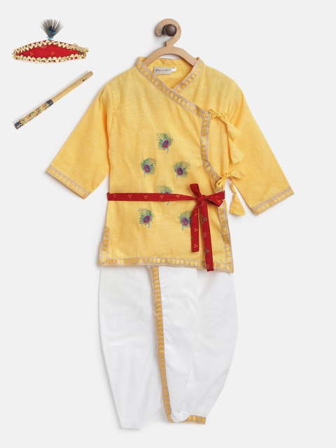 

BownBee Boys Yellow Embroidered Kurta with White Dhoti Pants