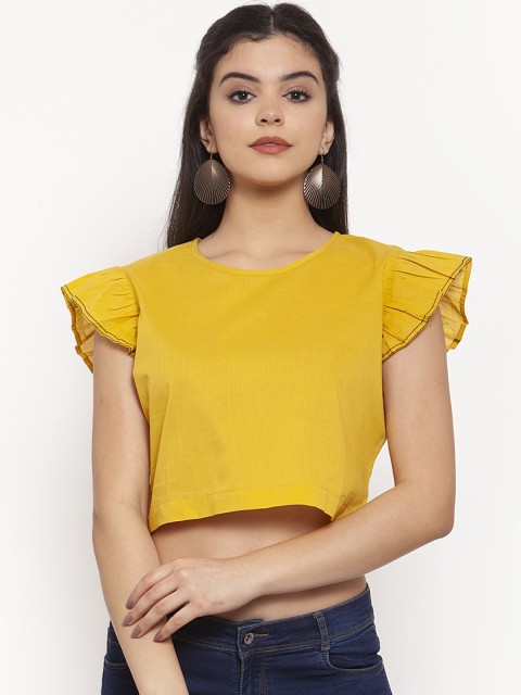 

ANAISA Women Mustard Solid Boxy Pure Cotton Top