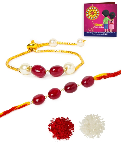 

Yellow Chimes Red Gold-Plated Handmade Dori Bhaiya Bhabhi Rakhi Combo with Roli & Chawal