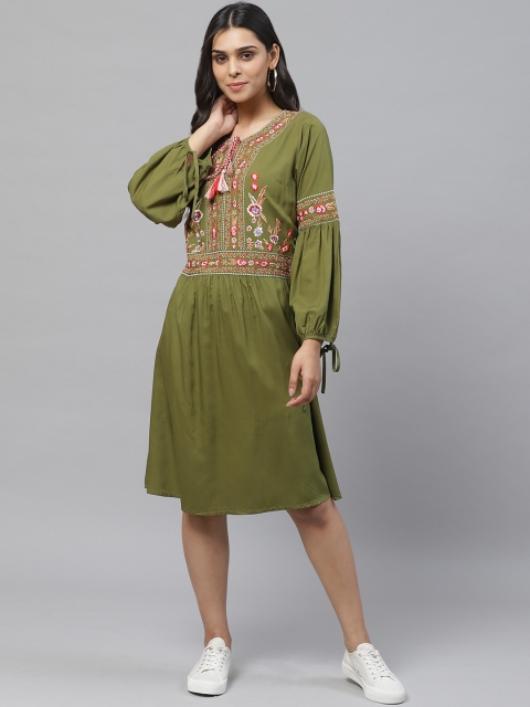 

MITAHA Women Olive Green & Red Floral Embroidered A-Line Dress
