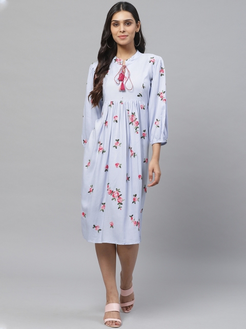 

MITAHA Women Blue & Pink Floral Embroidered A-Line Dress