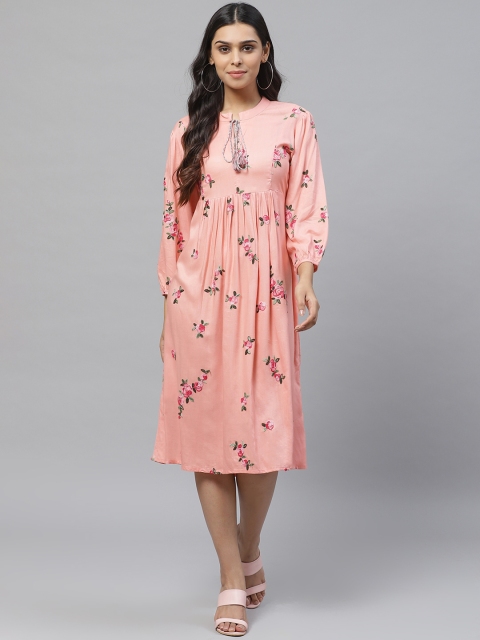 

MITAHA Women Peach-Coloured & Pink Floral Embroidered A-Line Dress