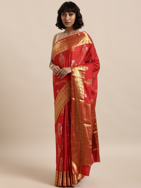 

The Chennai Silks Red & Gold-Toned Poly Crepe Woven Design Saree