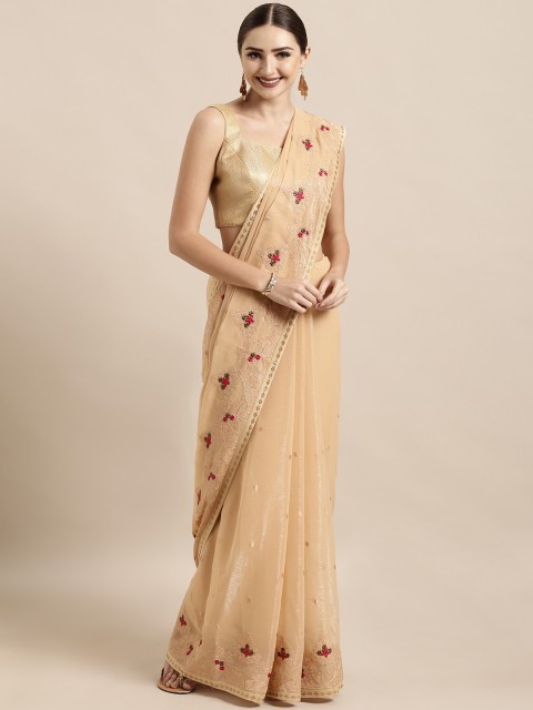 

The Chennai Silks Beige & Red Poly Georgette Embroidered Saree