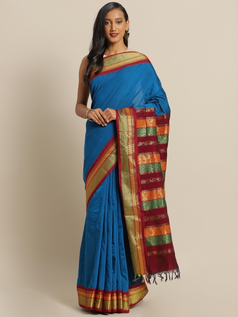 

The Chennai Silks Teal Solid Polycotton Saree