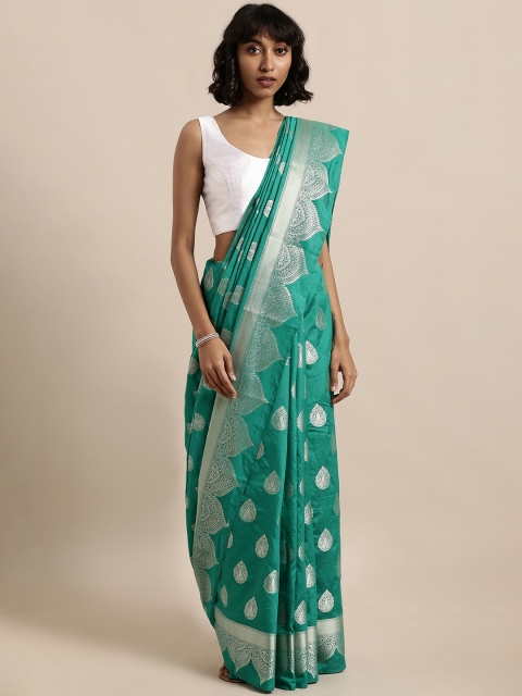 

The Chennai Silks Classicate Green & Silver-Toned Poly Silk Woven Design Saree