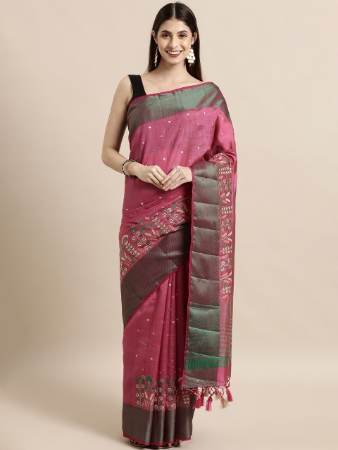 

The Chennai Silks Classicate Magenta Pink & Green Jute Cotton Embroidered Saree