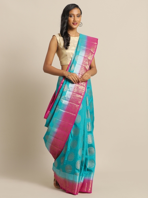 

The Chennai Silks Blue & Silver-Toned Jute Cotton Woven Design Saree