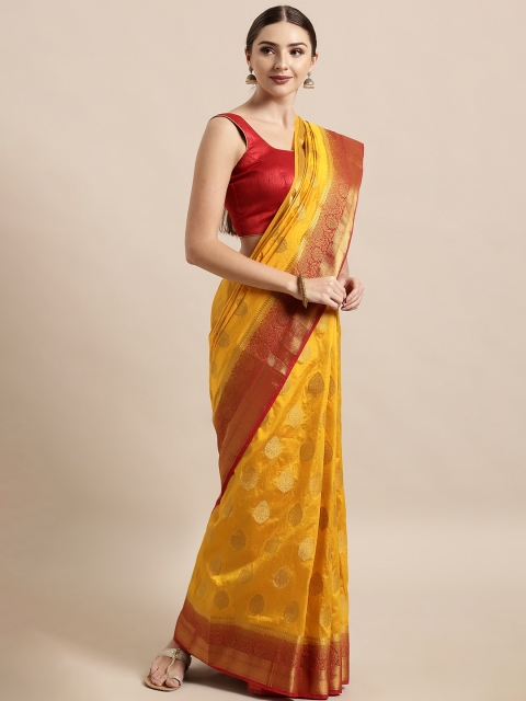 

The Chennai Silks Classicate Mustard Yellow & Red Silk Blend Woven Design Saree