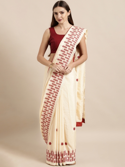 

The Chennai Silks Classicate Off-White & Red Silk Blend Embroidered Saree