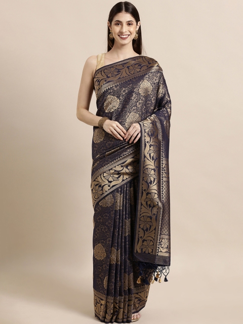 

The Chennai Silks Classicate Navy Blue & Gold-Toned Silk Blend Woven Design Patola Saree