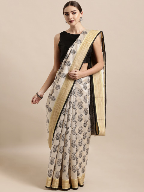 

The Chennai Silks Classicate Off-White & Black Cotton Blend Printed Chanderi Saree