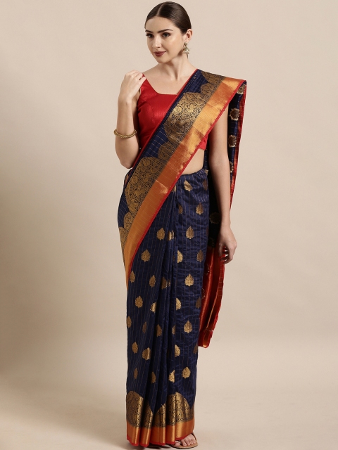 

The Chennai Silks Classicate Navy Blue & Golden Silk Blend Woven Design Saree