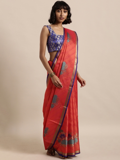 

The Chennai Silks Classicate Coral Red & Gold-Toned Organza Woven Design Saree