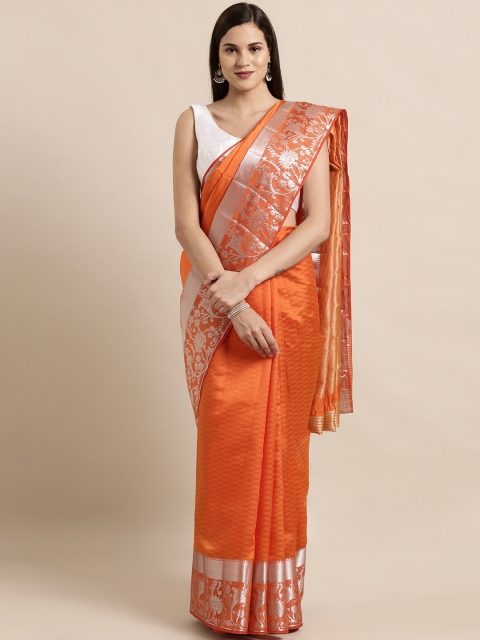 

The Chennai Silks Orange & Silver-Toned Jute Cotton Woven Design Saree