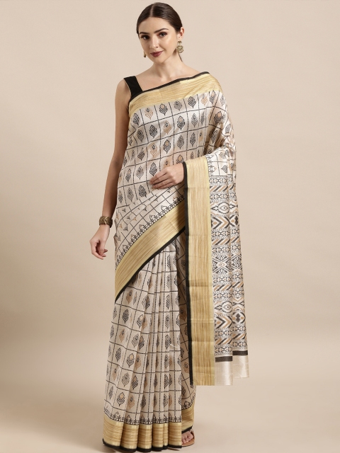 

The Chennai Silks Off-White & Black Cotton Blend Printed Chanderi Saree