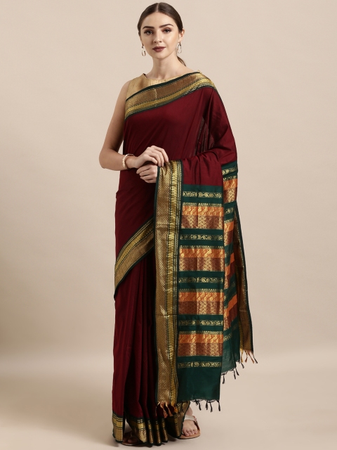 

The Chennai Silks Classicate Maroon Solid Polycotton Saree