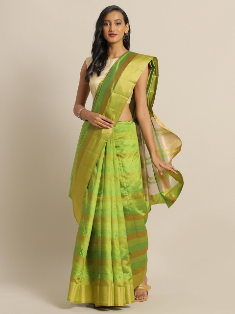 

The Chennai Silks Olive Green & Gold-Toned Jute Cotton Striped Saree