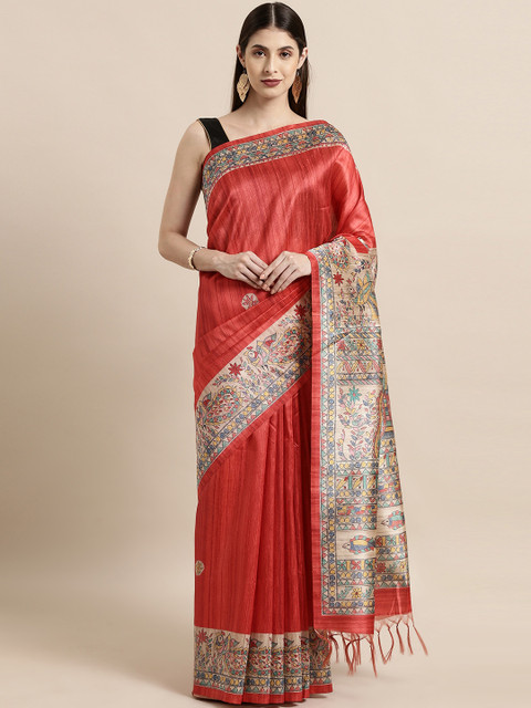 

The Chennai Silks Classicate Coral Red Floral Printed Silk Blend Saree