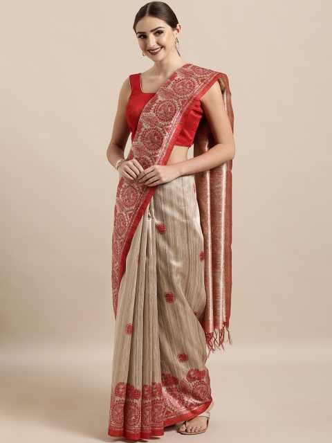 

The Chennai Silks Classicate Beige & Red Silk Blend Printed Saree