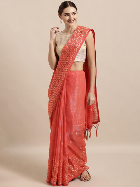 

The Chennai Silks Rust Embroidered Poly Georgette Saree