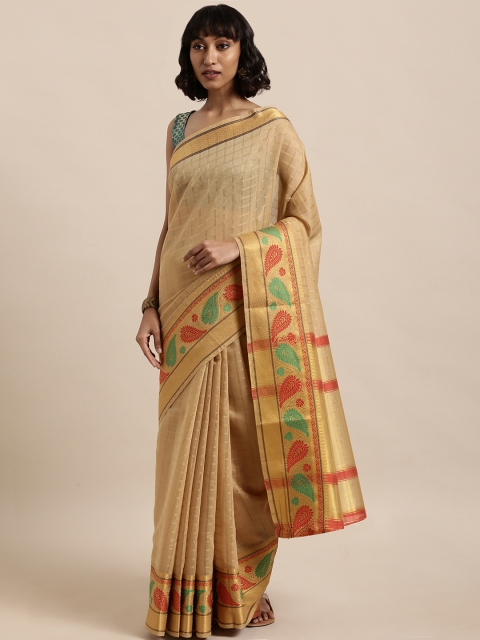 

The Chennai Silks Beige Checked Poly Silk Saree