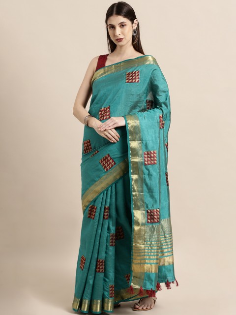 

The Chennai Silks Green & Beige Jute Cotton Embroidered Saree