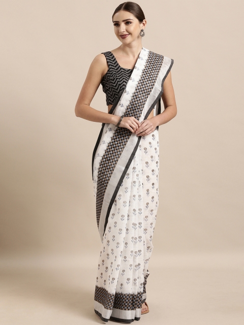 

The Chennai Silks Classicate Off-White & Black Cotton Blend Printed Chanderi Saree