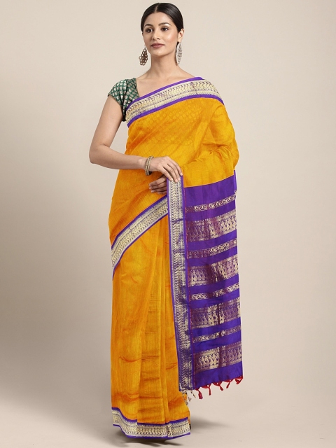 

The Chennai Silks Classicate Mustard Yellow & Purple Polycotton Solid Saree