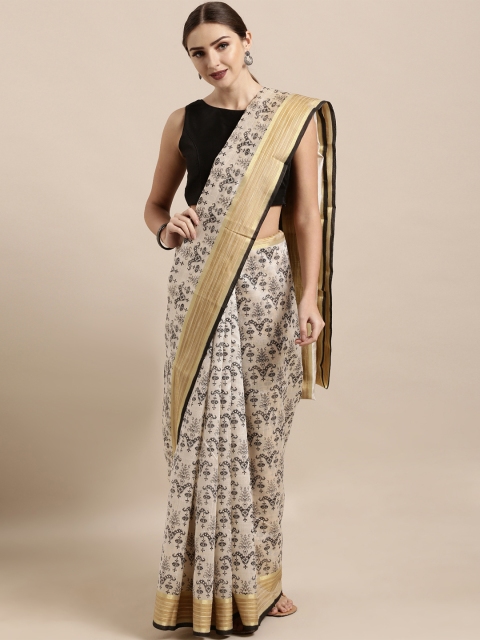 

The Chennai Silks Off-White & Black Cotton Blend Printed Chanderi Saree
