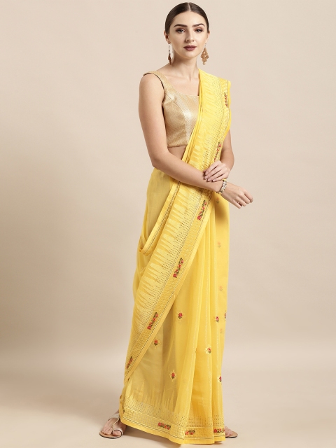 

The Chennai Silks Yellow & Pink Poly Georgette Embroidered Saree