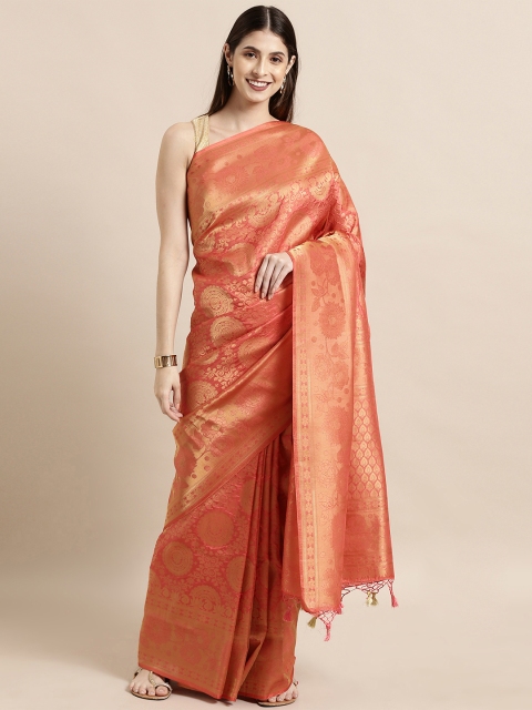 

The Chennai Silks Orange & Gold-Toned Silk Blend Woven Design Patola Saree