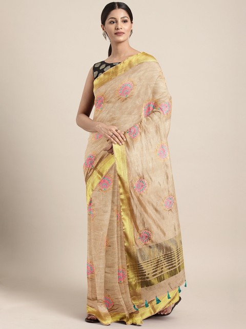 

The Chennai Silks Beige & Pink Jute Cotton Embroidered Saree