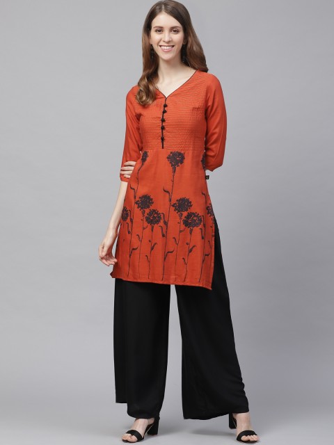 

clorals Women Rust Orange & Black Floral Printed Straight Kurta