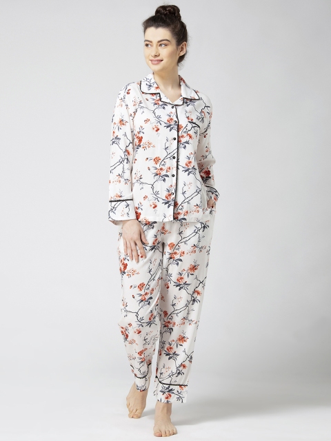 

ADORENITE Women White & Red Printed Night suit