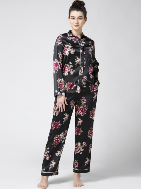 

ADORENITE Women Black Floral Floral Printed Night suit