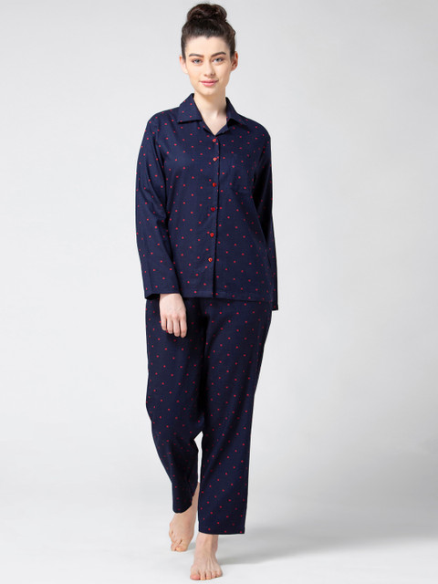 

ADORENITE Women Navy Blue & Red Ditsy Heart Print Pyjamas Set