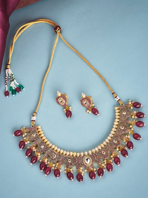 

GloBox By ZeroKaata Gold-Plated Maroon & White Kundan-Studded Beaded Meenakari Handcrafted Jewellery Set