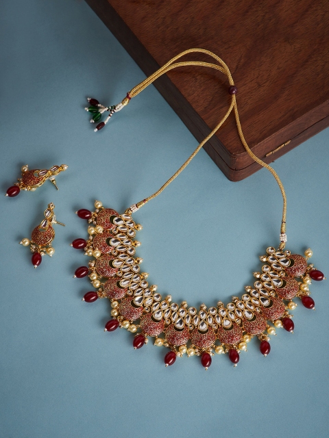 

GloBox By ZeroKaata Gold-Plated Pink & White Kundan Meena-Studded Jewellery Set